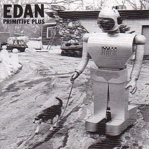 Black and white album cover featuring a robot walking a dog.