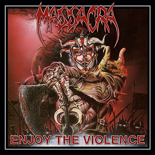 Metal album cover: armored figure with axe, red and black color scheme.