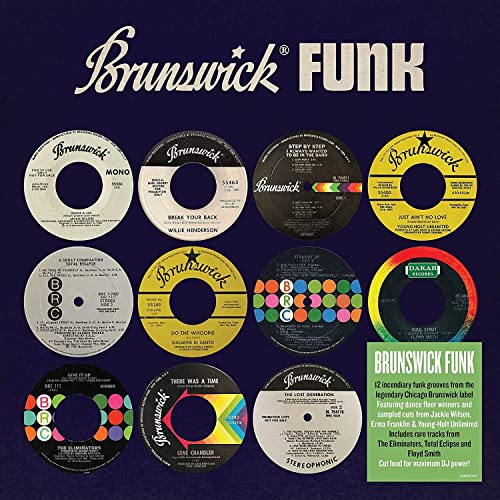 Album cover for "Brunswick Funk" featuring twelve colorful record labels.