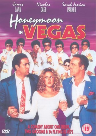 Honeymoon in Vegas" DVD cover featuring Nicolas Cage, Sarah Jessica Parker, and Elvis impersonators.