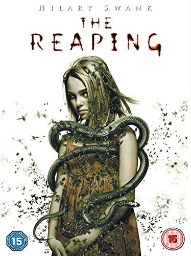 Woman with snakes wrapped around her, covered in insects, on a white background.
