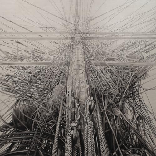 Detailed pencil drawing of abstract, tangled lines and a central form.