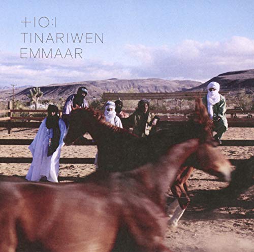 CD cover for Tinariwen’s “Emmaar” featuring figures on horseback in a desert landscape.