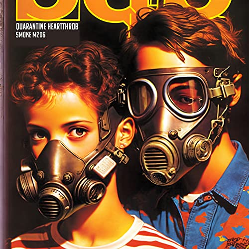 Two people wearing gas masks on a vinyl album cover with orange background text.