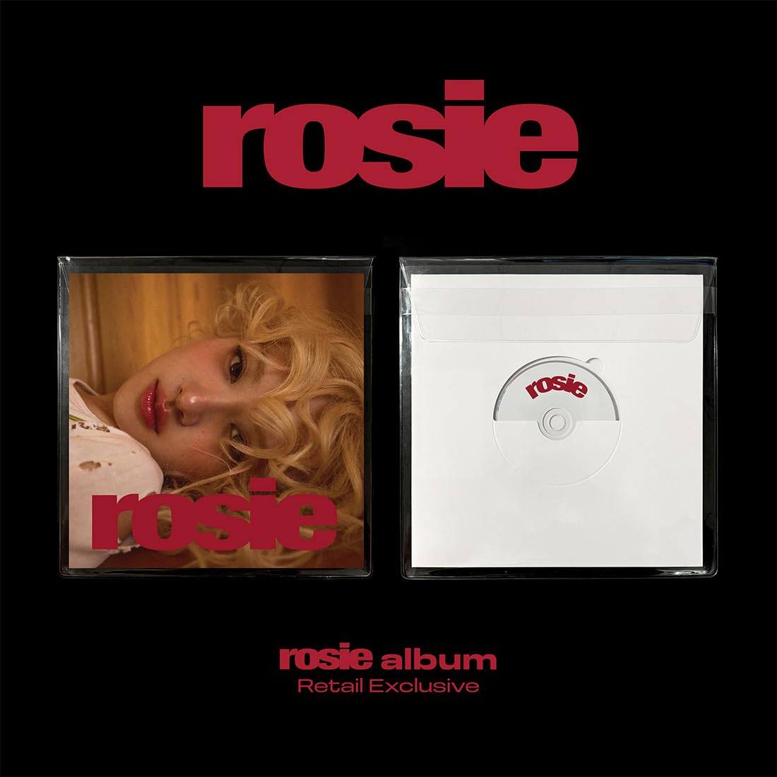 Rosie album cover with portrait and disc, red text on black background.
