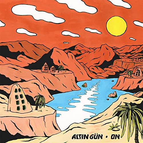 Album cover: desert landscape with stylized mountains, water, and buildings.