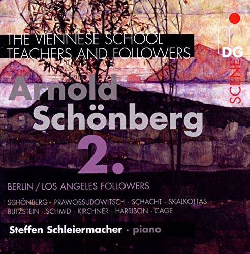 CD cover for "Schoenberg Etc" featuring Arnold Schoenberg and abstract art.