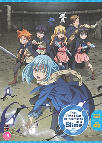 Anime characters stand together, including a blue slime, on a DVD cover.