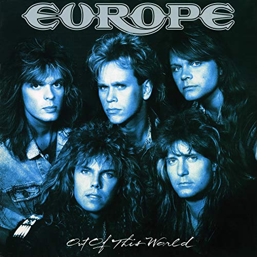 1980s band Europe album cover, five men with long hair, blue tone.