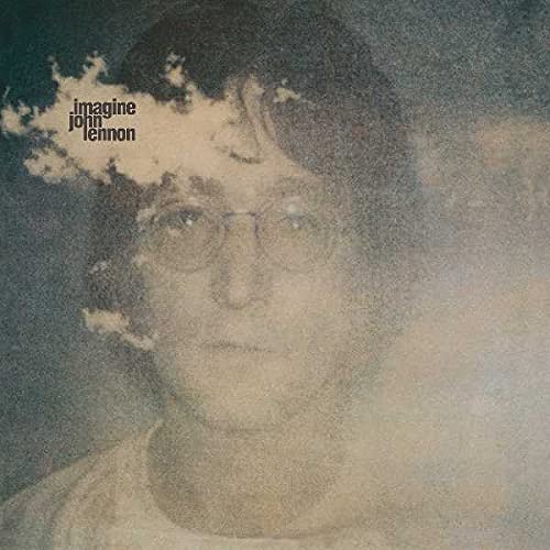 Faded portrait of John Lennon with clouds and text overlay on a textured background.