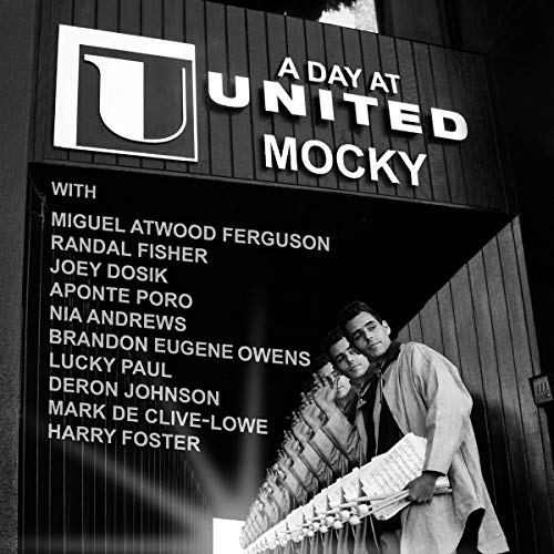 Black and white CD cover for "Mocky - A Day At United" with musicians.