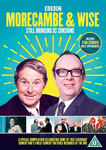 Morecambe & Wise DVD cover with portraits and sunshine graphic.