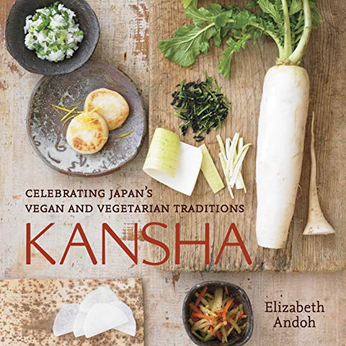 Cookbook cover featuring Japanese vegan dishes and fresh vegetables.