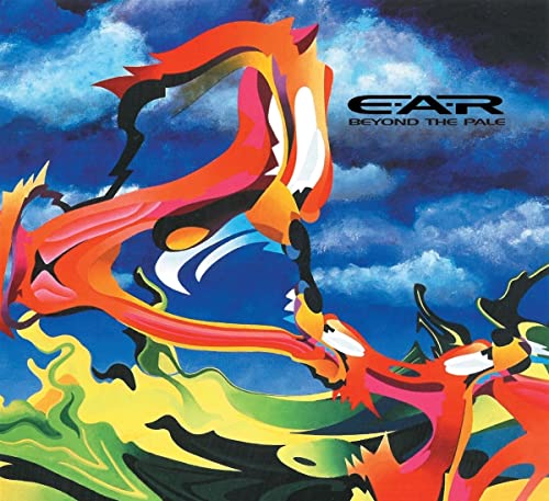 Abstract orange and yellow shapes against a blue cloudy sky, E.A.R. Beyond The Pale.