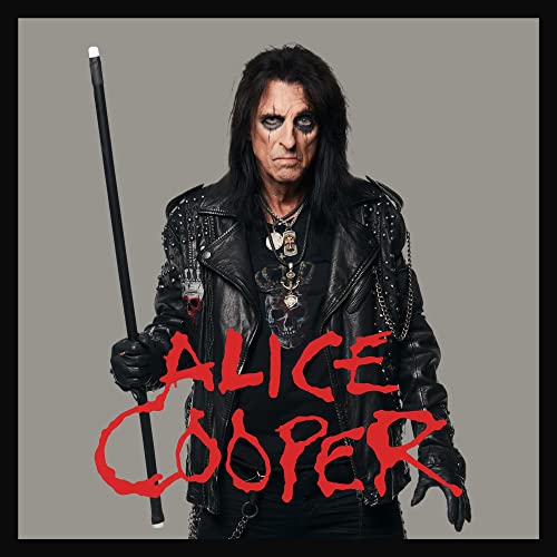 Alice Cooper in leather jacket holding a cane, red text overlay.