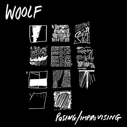 Black album cover with white abstract sketches and text: "WOOLF" and "Posing/Improvising".