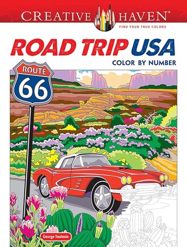 Color by number book cover featuring a red classic car and Route 66 sign.