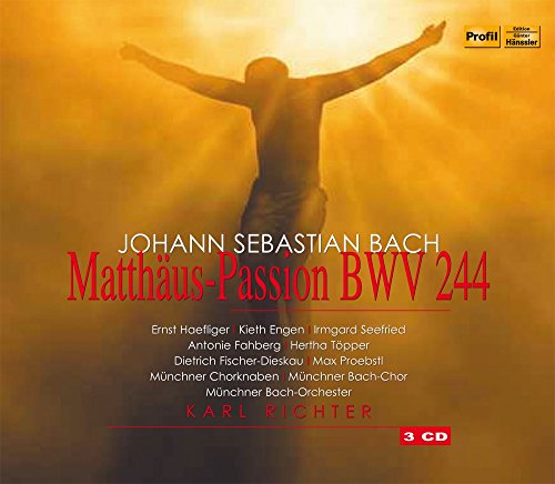 CD cover: silhouetted figure with arms raised, text “Matthäus-Passion BWV 244”.
