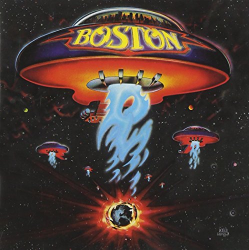 Spaceships shaped like guitars flying over a planet in space with the word Boston.