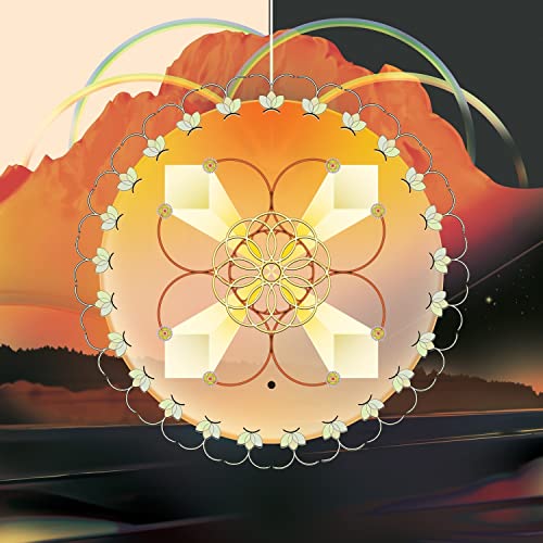 Album cover: orange and yellow geometric design over a mountain landscape.