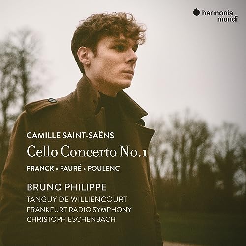 CD cover featuring portrait of cellist Bruno Philippe, Saint-Saëns concerto.