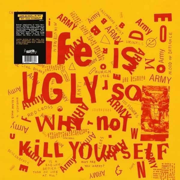 Yellow vinyl record cover with red and black chaotic text collage.