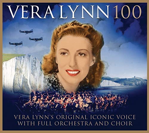 Album cover featuring Vera Lynn, white cliffs, airplanes, and an orchestra against a blue sky.