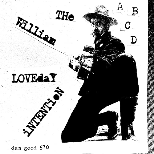Black and white album cover featuring a man with a camera, text reads "William Loveday Intention".