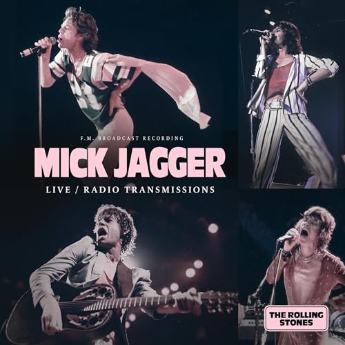 Mick Jagger performing live, album cover with four images, pink text.