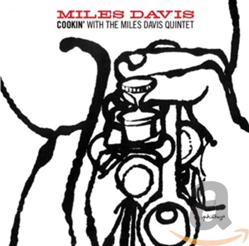 Album cover with black ink line drawing of a saxophone on white background.