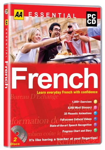 Red DVD case for “Essential French” with people enjoying a meal.