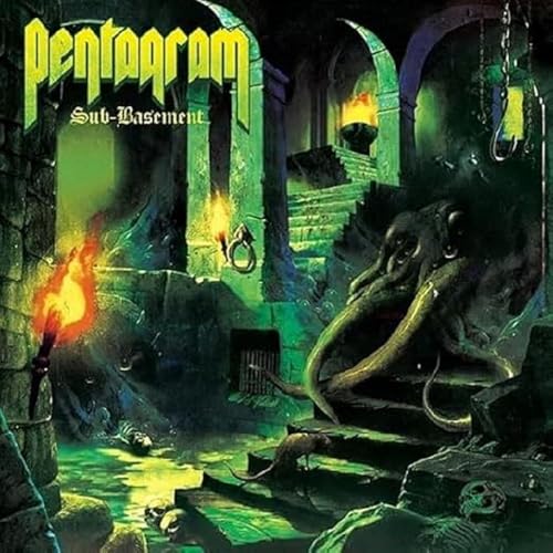 Pentagram album cover: stone basement with torches, monster, and stairs.