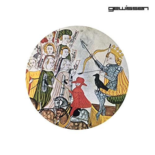 Medieval illustration of archers on horseback, vinyl record cover art.