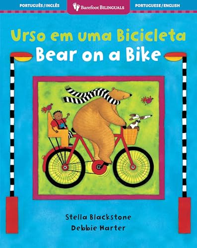 A brown bear wearing a scarf rides a red bicycle with a child and dog.