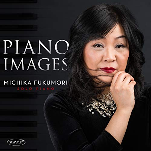 Michika Fukumori portrait for "Piano Images" CD, with piano keys background.