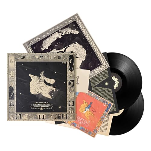 Vinyl records and ornate album covers with illustrations and decorative borders on white background.