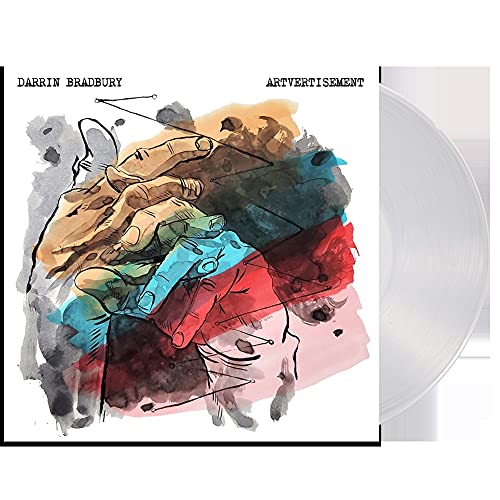 Vinyl record with abstract watercolor painting of hands and colorful shapes.
