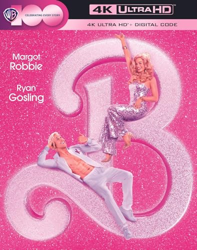 Barbie movie cover featuring Margot Robbie and Ryan Gosling, pink background.