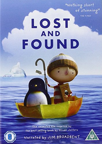 A boy and a penguin sit in a yellow umbrella boat on the ocean.