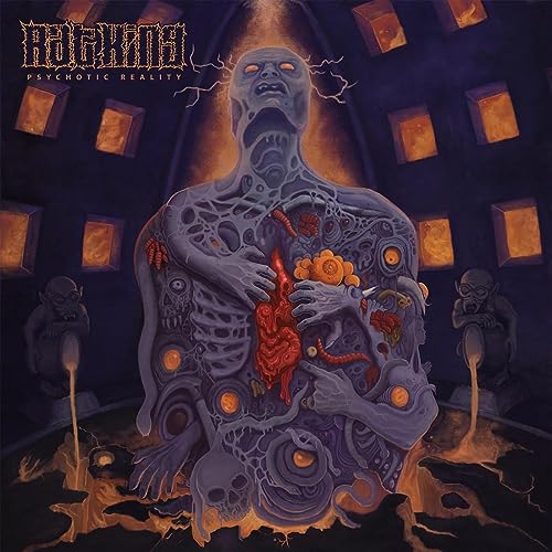 Album cover: distorted figure with exposed organs, flanked by gargoyles.