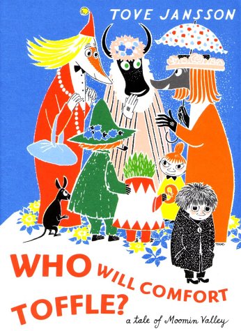 Book cover illustration featuring various Moomin characters on a blue background with yellow flowers.