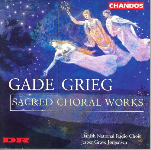 CD cover: ethereal figures in blue, text “Gade/Grieg: Sacred Choral Works”.