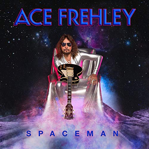 Ace Frehley with guitar, seated in a futuristic chair against a space background.