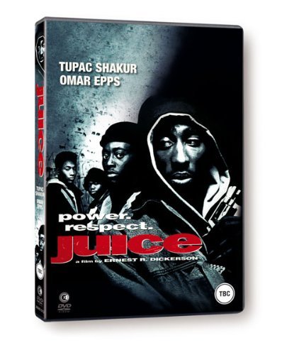 Juice" DVD cover featuring Tupac Shakur and Omar Epps, gritty urban style.