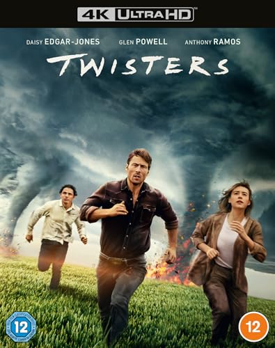 Twisters" Blu-ray cover featuring three people running from a tornado.