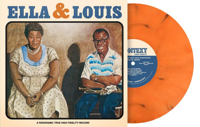 Ella Fitzgerald and Louis Armstrong album cover with orange marbled vinyl record.