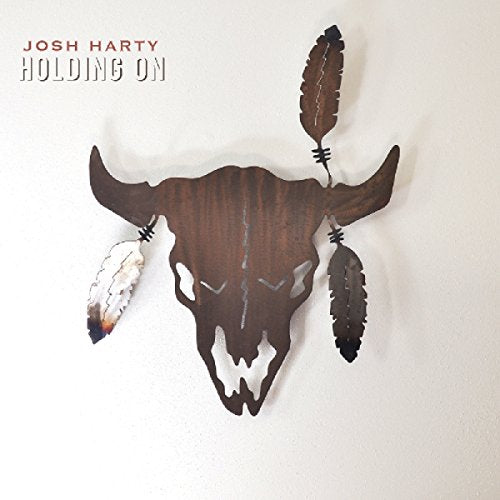 CD cover: Rusty metal bison skull with feather decorations against white.