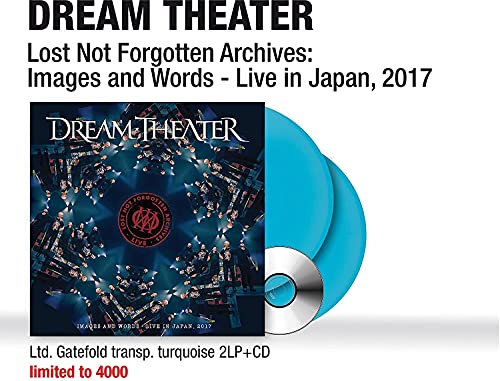 Dream Theater album cover featuring band logo, turquoise vinyl records, and a CD.