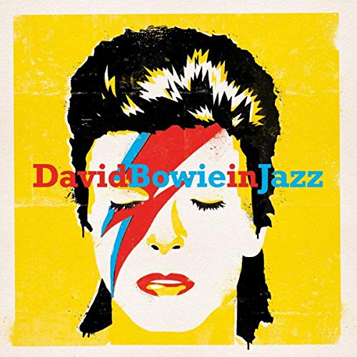 Yellow album cover featuring a stylized portrait of David Bowie with red lightning.