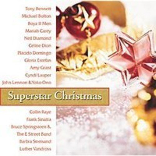 Superstar Christmas CD cover with a list of artists and festive star ornaments.